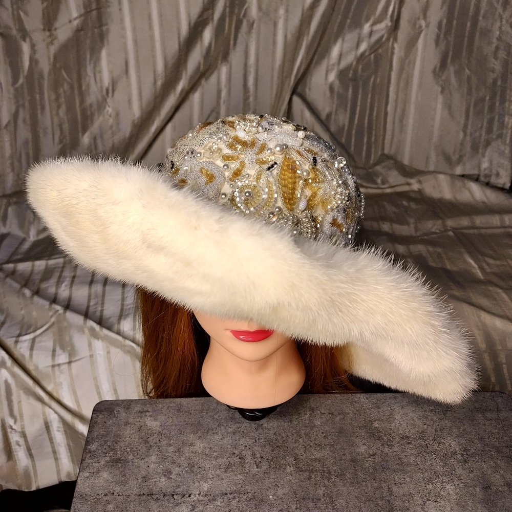 Mink And Beaded White Hat